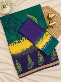 Pure Munga Checks Cotton with Hand Block Printed Sarees - Green with Purple