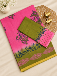 Pure Munga Checks Cotton with Hand Block Printed Sarees - Pink with Green