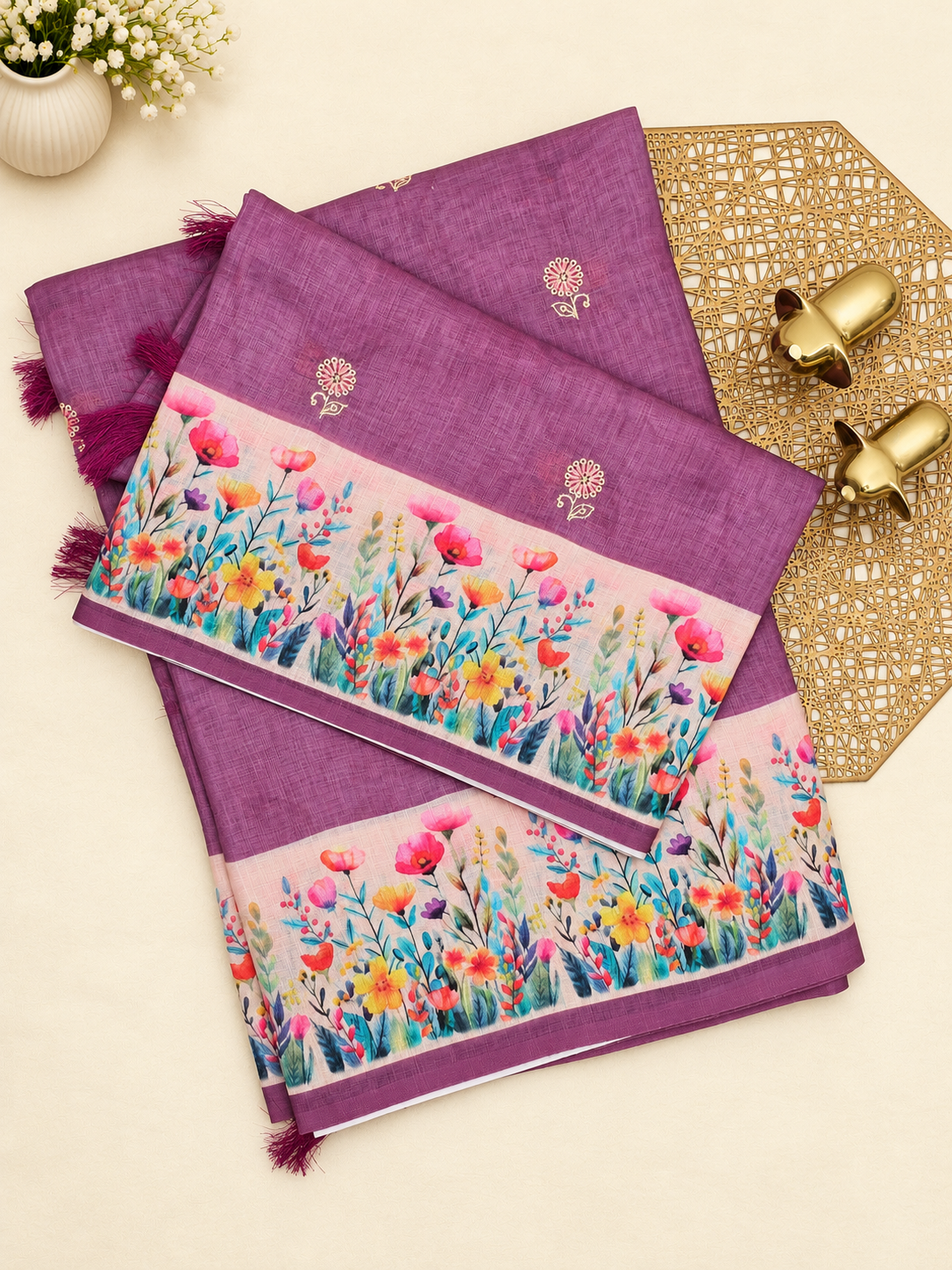 Linen Cotton with Emboridery Digital Printed Sarees - Purple