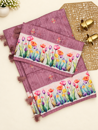 Linen Cotton with Emboridery Digital Printed Sarees - Onion Pink