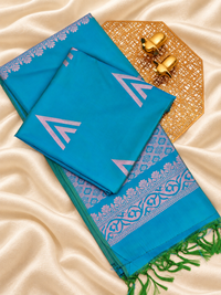 Blue with Green Dual Shade Copper Zari Woven Semi Soft Silk Saree