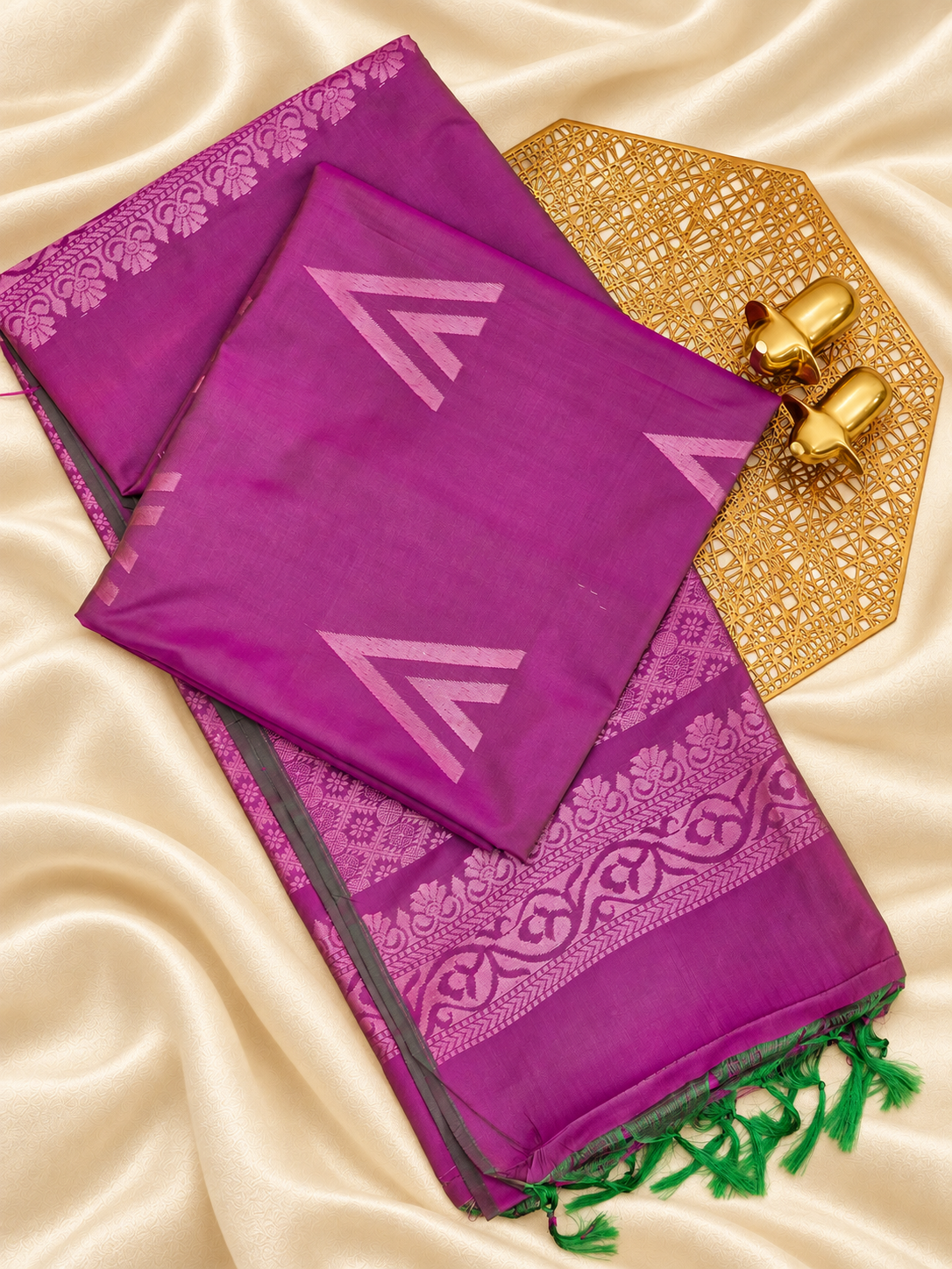 Purple with Green Dual Shade Copper Zari Woven Semi Soft Silk Saree