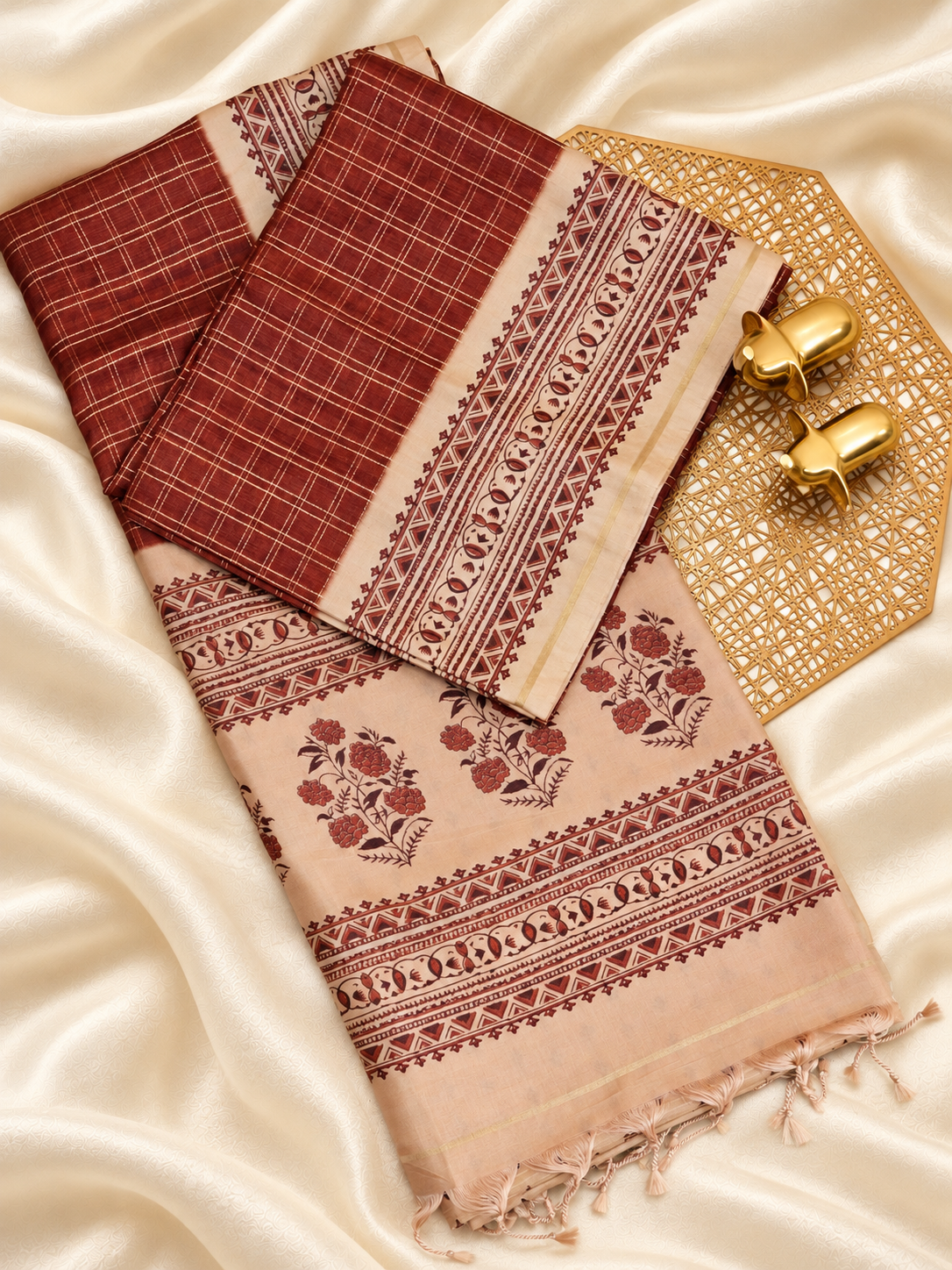 Soft Jute Tussar Checks Weaving with Border - Brown