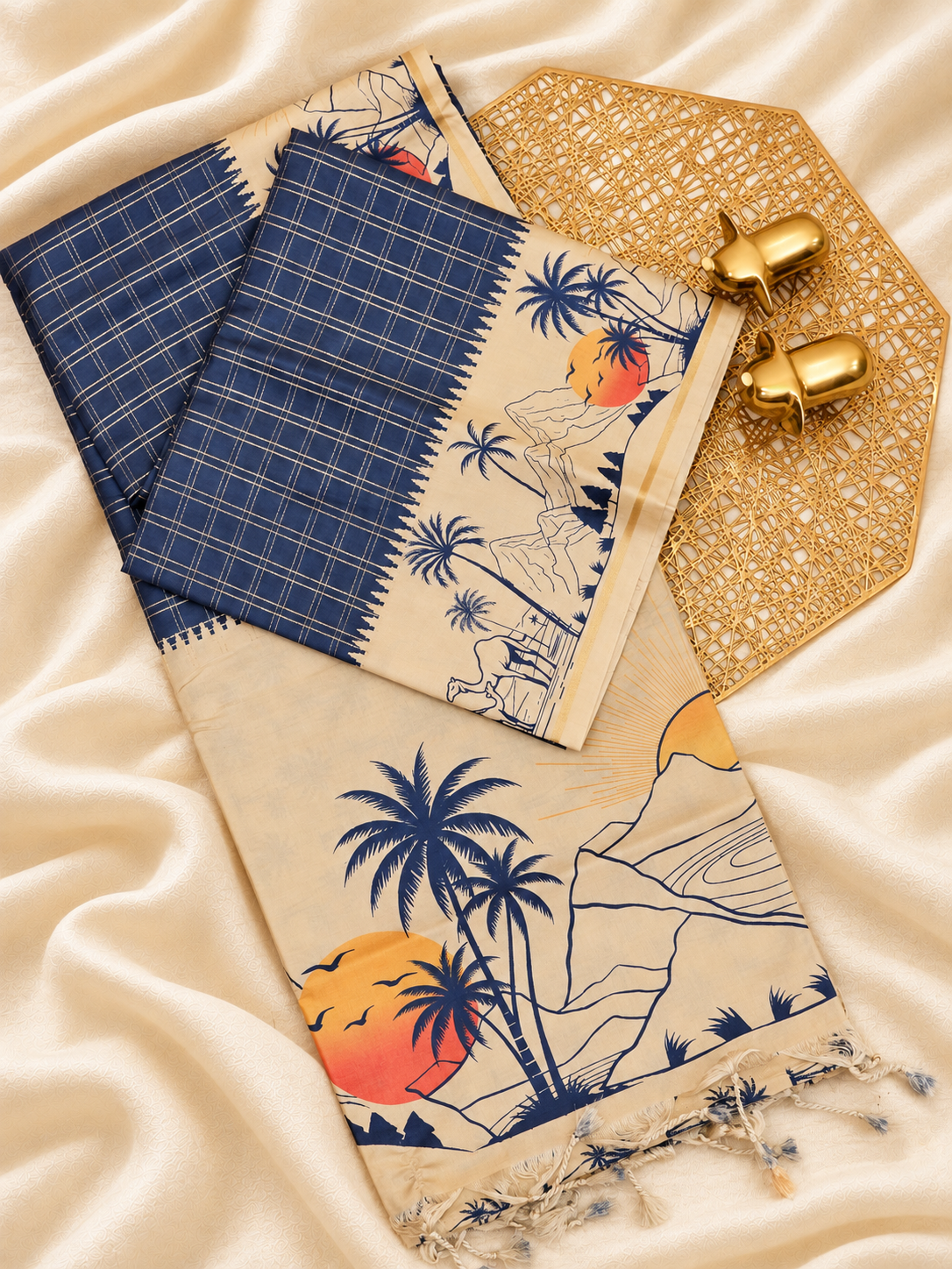 Soft Jute Tussar Checks Weaving with Border - Peacock Blue
