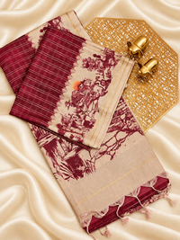 Soft Jute Tussar Checks Weaving with Border - Maroon