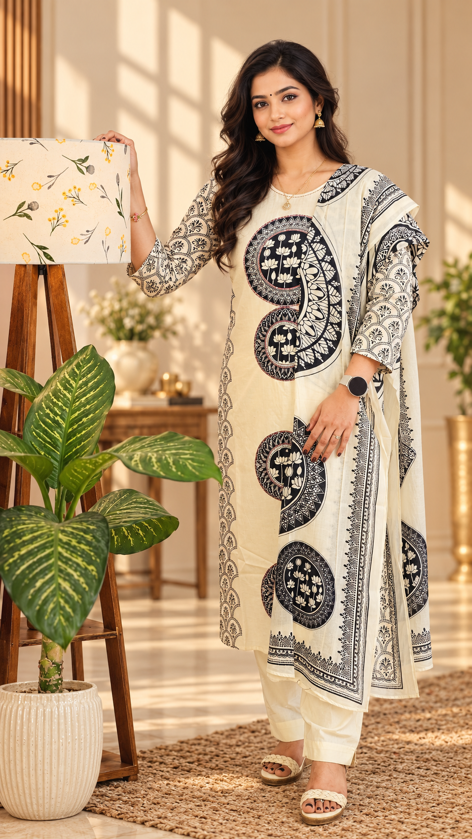 Premium 3 Pcs Mul Cotton Aline kurti with bottom and Dupatta - Cream with Black