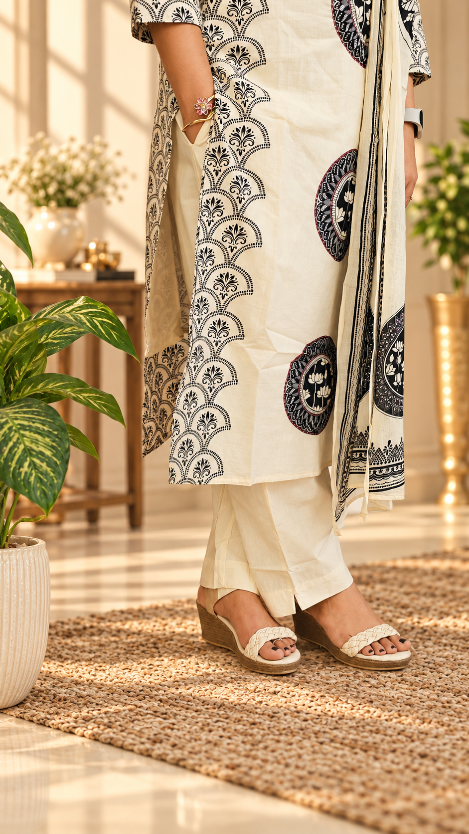 Premium 3 Pcs Mul Cotton Aline kurti with bottom and Dupatta - Cream with Black