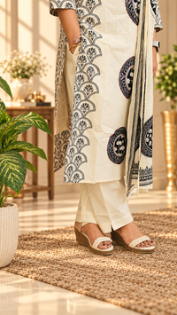 Premium 3 Pcs Mul Cotton Aline kurti with bottom and Dupatta - Cream with Black