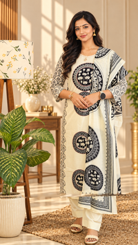 Premium 3 Pcs Mul Cotton Aline kurti with bottom and Dupatta - Cream with Black