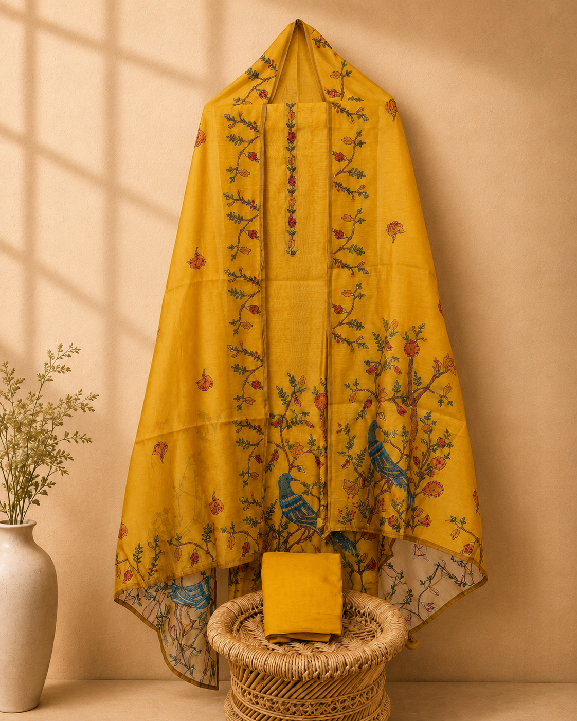 Chanderi with Kantha Unstitched Salwar Suit  - Yellow