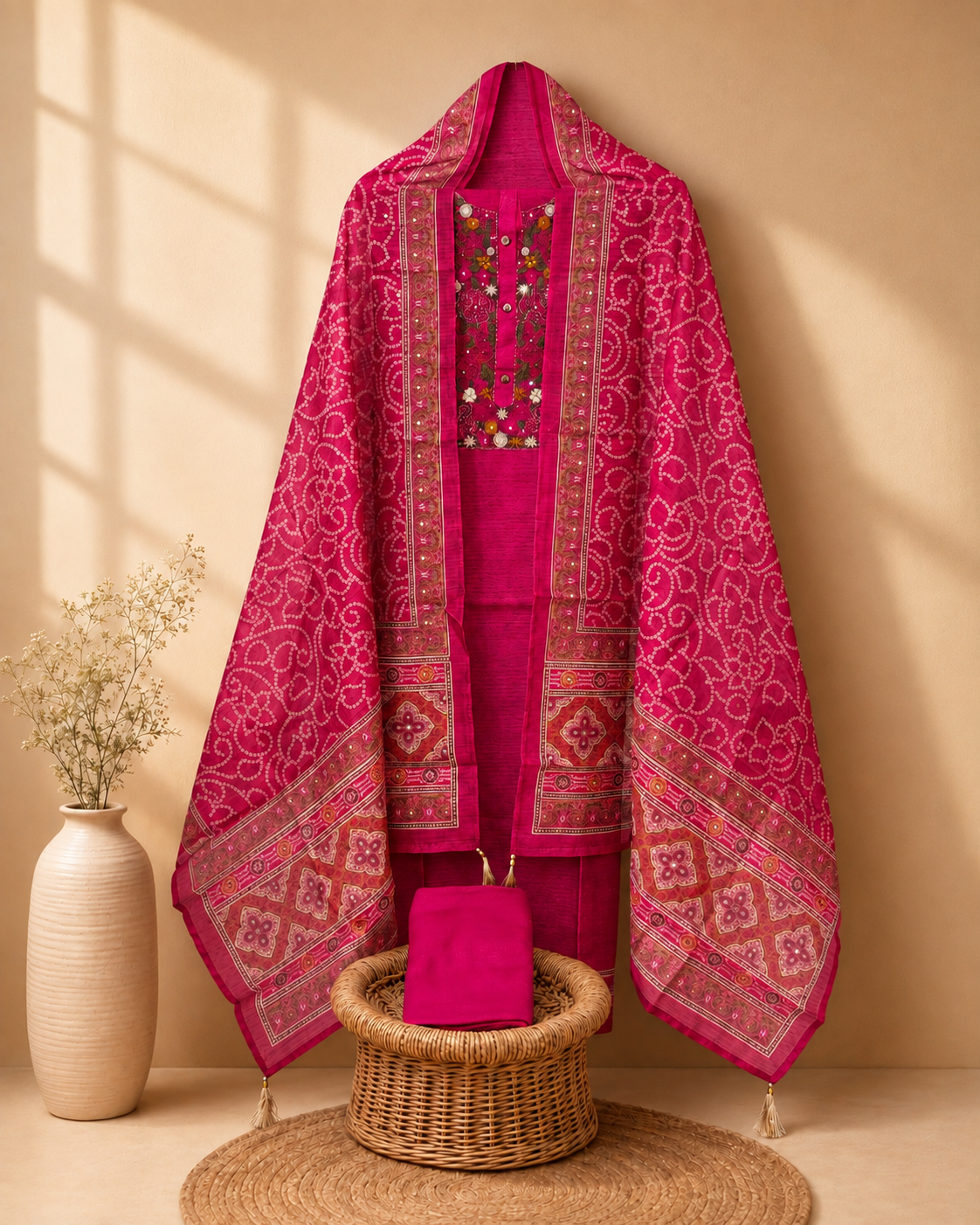Semi Tussar Hand Embroidery Unstitched Salwar Suit  - Pink