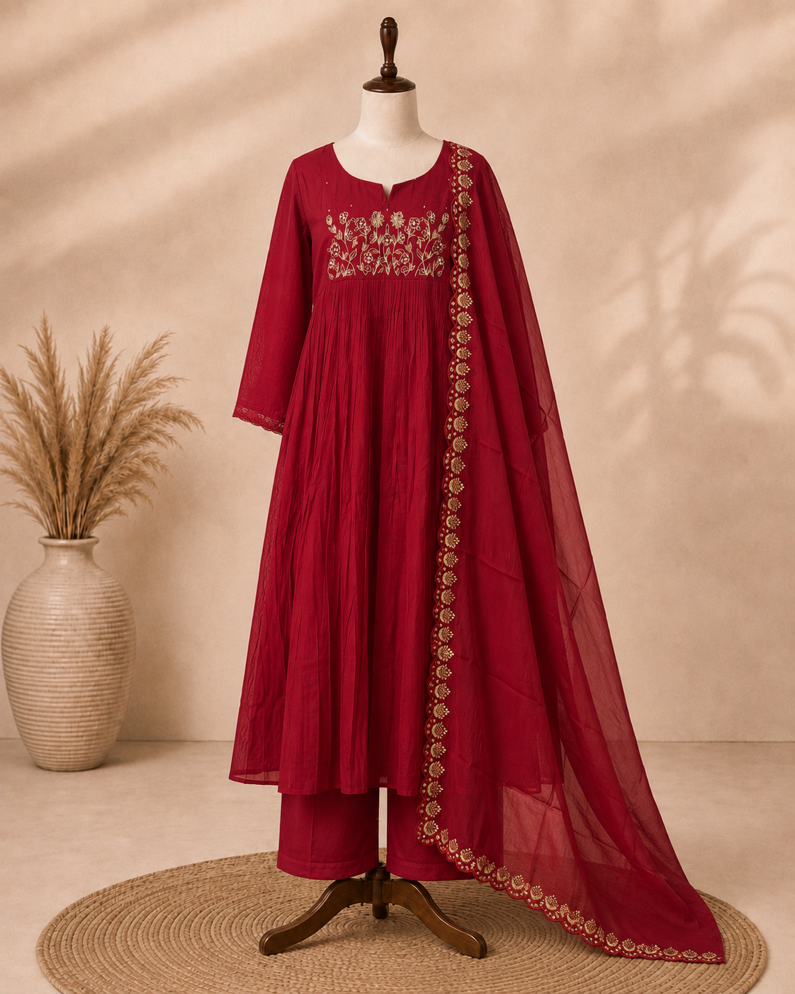 Mul Chanderi 3 pcs Salwar Suit - Maroon