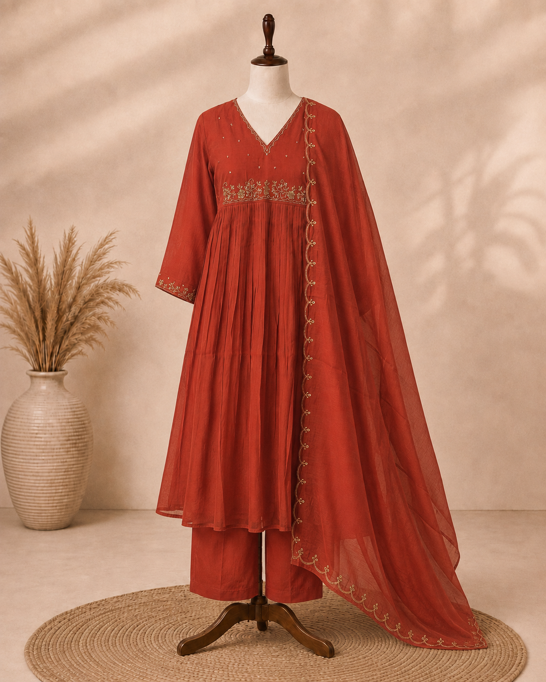 Mul Chanderi 3 pcs Salwar Suit - Rust Orange