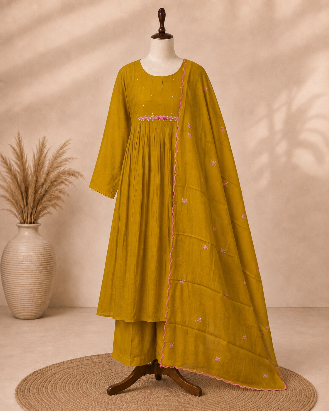 Mul Chanderi 3 pcs Salwar Suit - Mustard Yellow