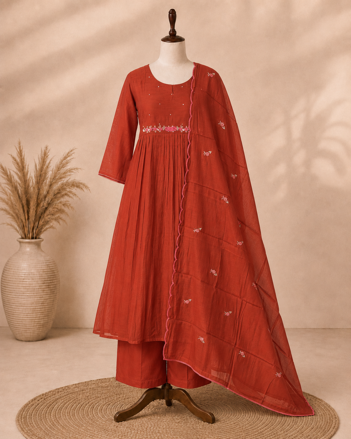 Mul Chanderi 3 pcs Salwar Suit - Rust Orange
