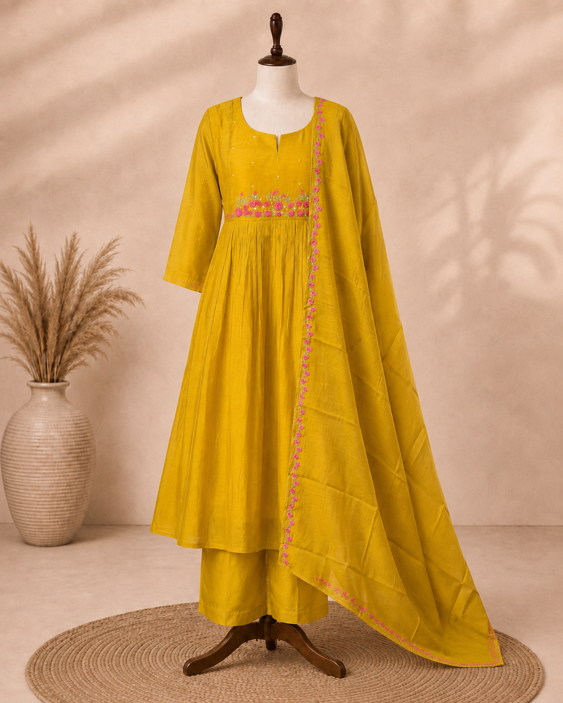Mul Chanderi 3 pcs Salwar Suit - Yellow