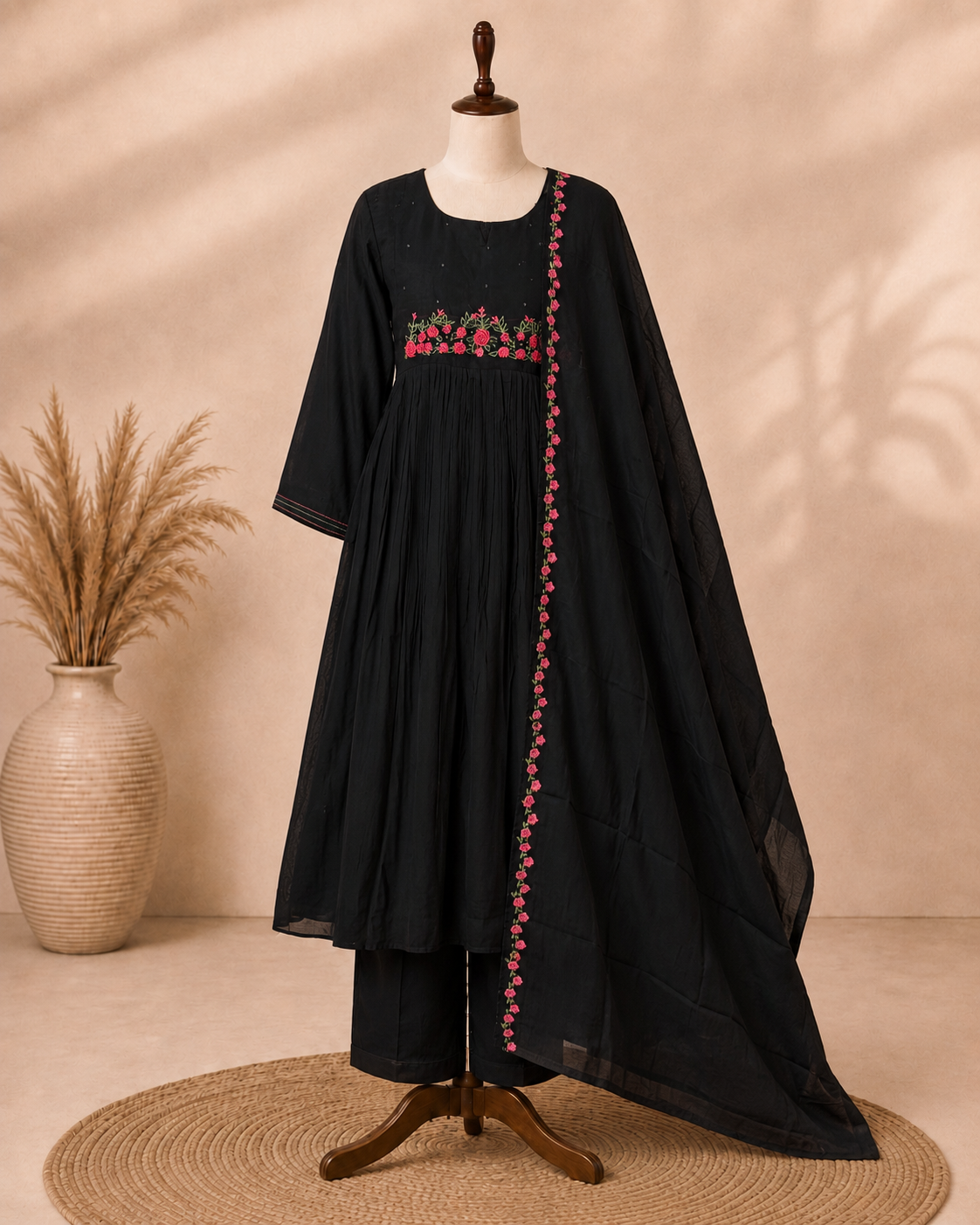 Mul Chanderi 3 pcs Salwar Suit - Black