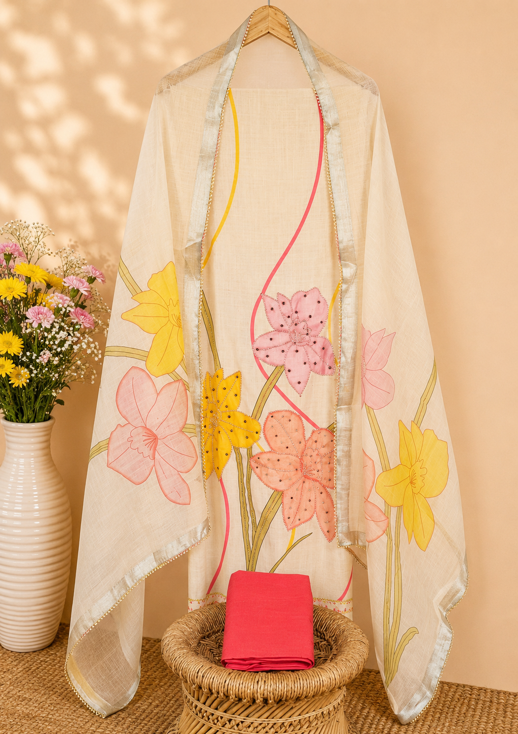 Soft Linen Unstitched Salwar - Cream