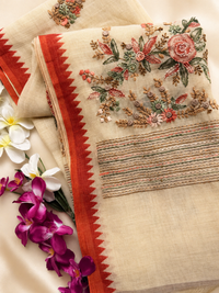 Linen Tissue with Embroidery  Work - Tussar Shade with Dark Orange