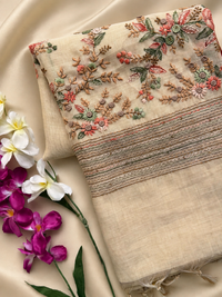 Linen Tissue with Embroidery  Work - Tussar Shade with Dark Orange