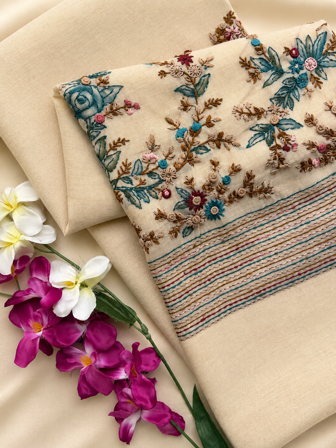 Linen Tissue with Embroidery  Work - Tussar Shade with Blue