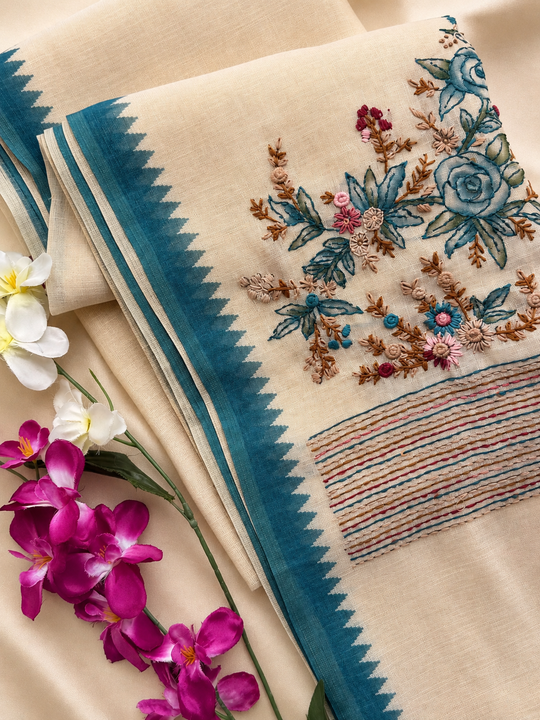 Linen Tissue with Embroidery  Work - Tussar Shade with Blue
