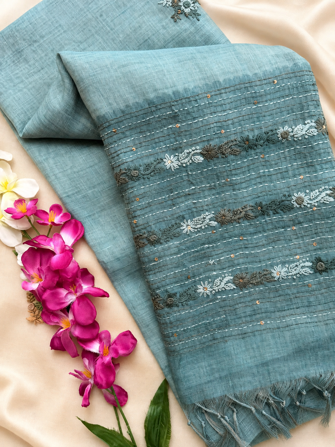 Linen Tissue with Embroidery  Work - Blue