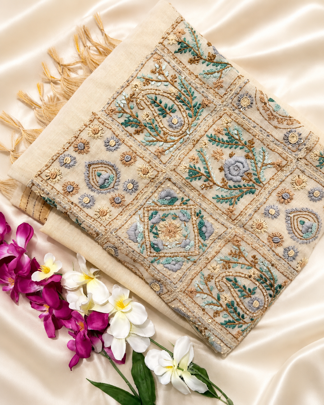 Linen Tissue with Embroidery Work - Tussar Shade with Blue