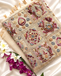 Linen Tissue with Embroidery Work - Tussar Shade with Pink