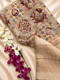 Linen Tissue with Embroidery Work - Tussar Shade with Pink
