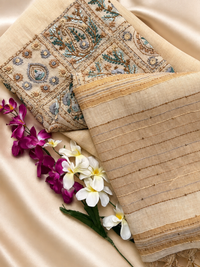 Linen Tissue with Embroidery Work - Tussar Shade with Blue