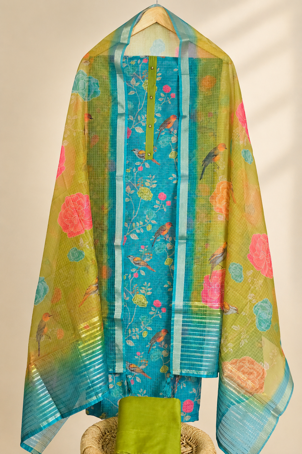 Semi Tussar Kota Weaving Unstitched Salwar - Rama Green with Green