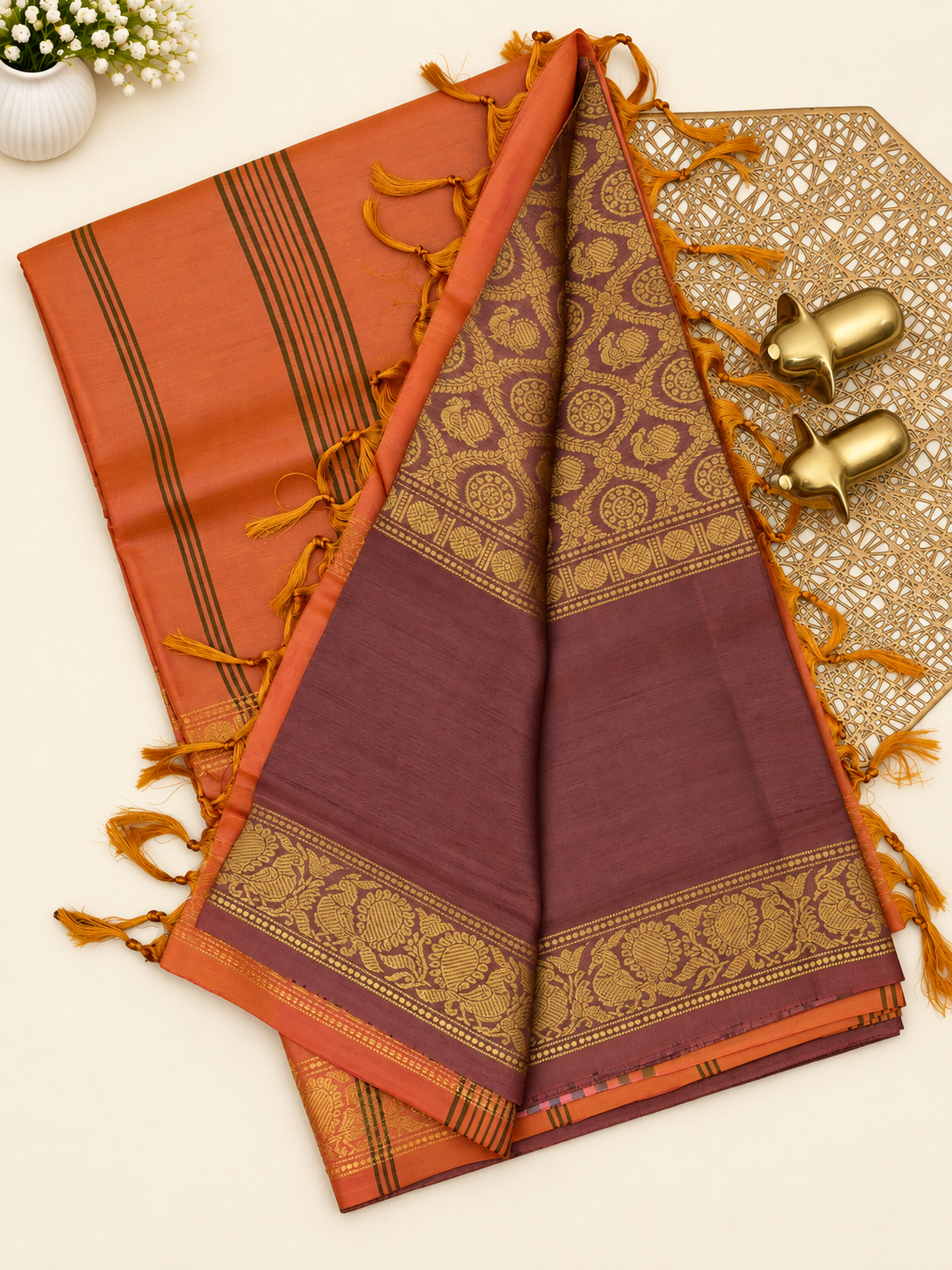 Maroon with Dark Orange Peacock Pattern Chinnalampattu Saree