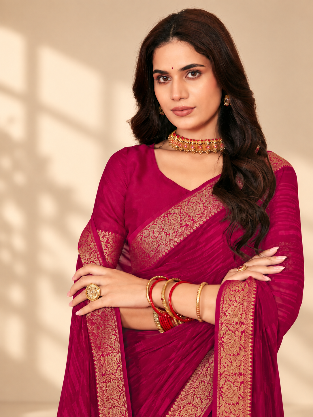 Chiffon with Zari Border Saree - Pink