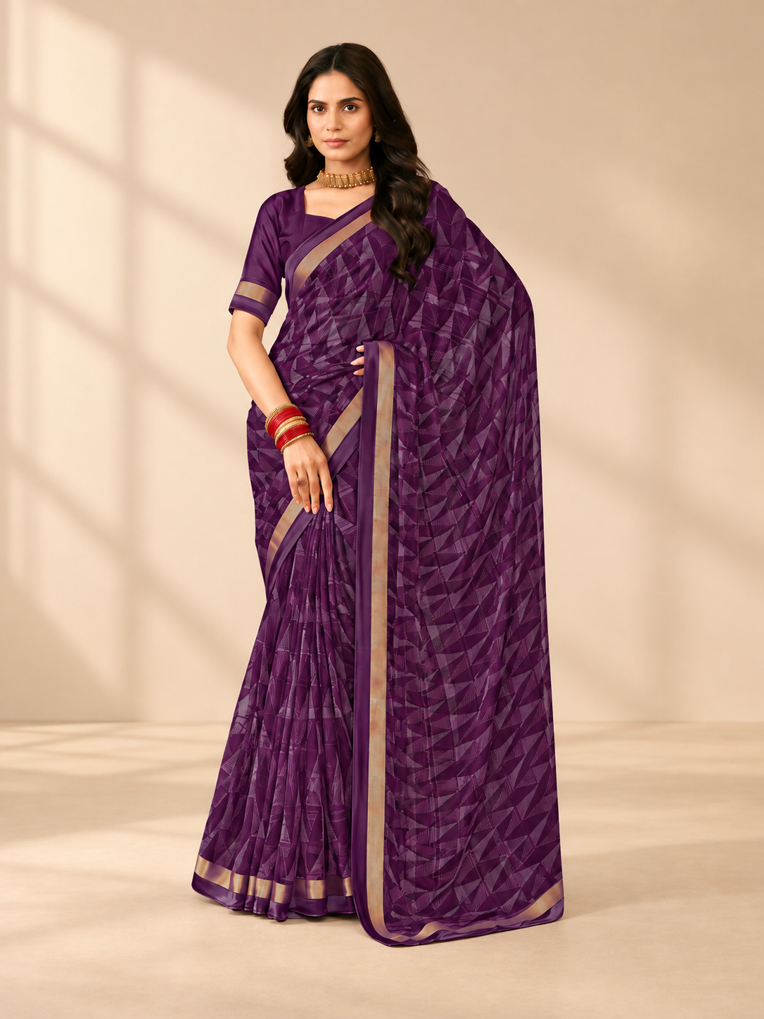 Chiffon with Zari Border Saree - Grape