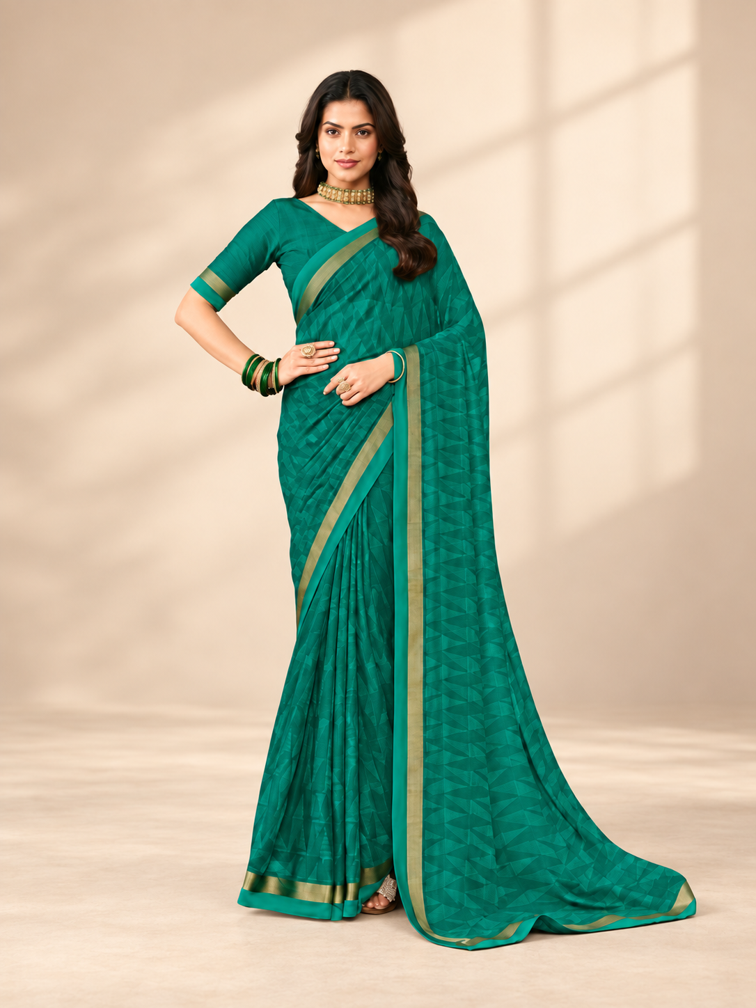 Chiffon with Zari Border Saree - Green