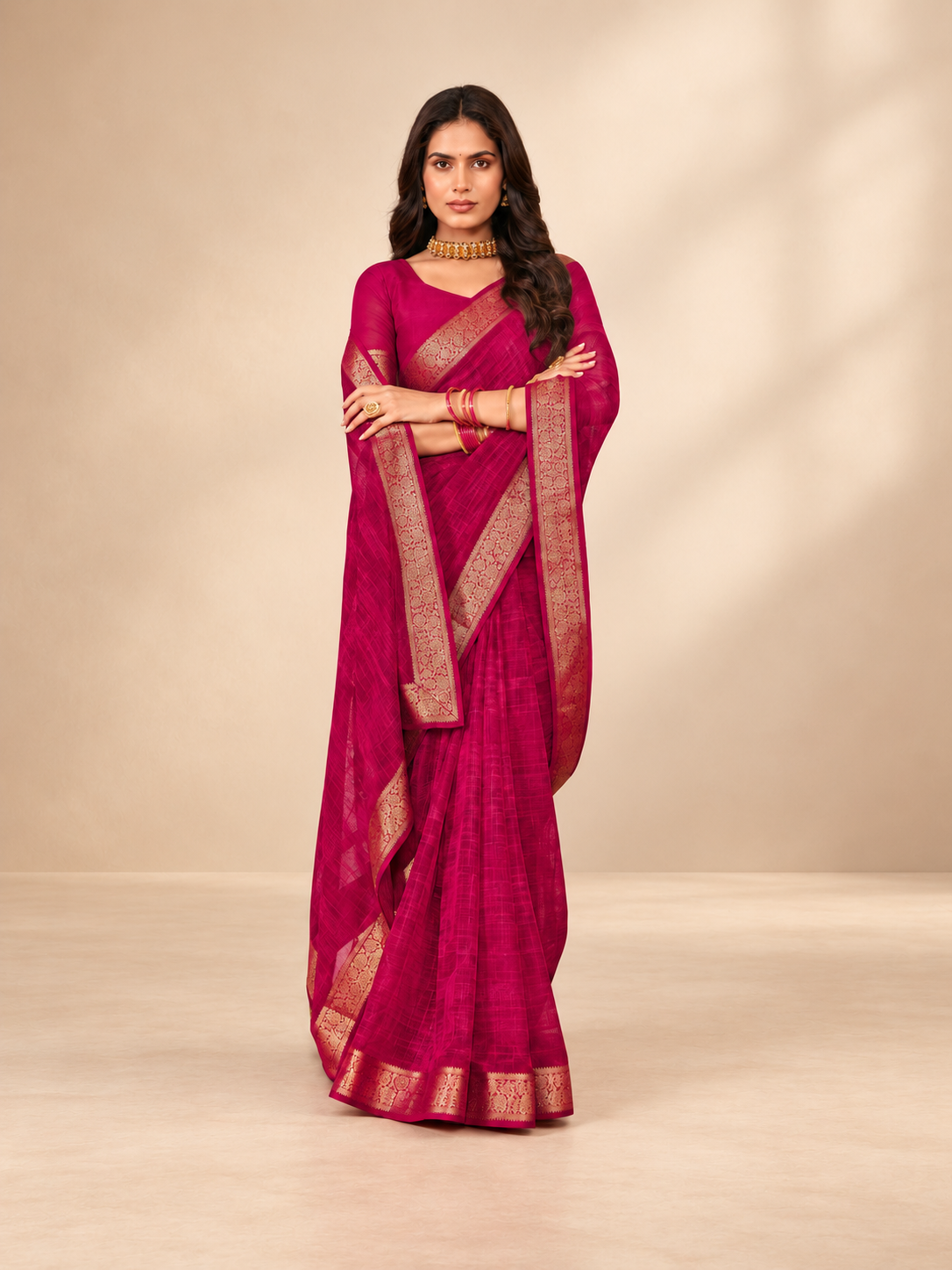 Chiffon with Zari Border Saree - Pink
