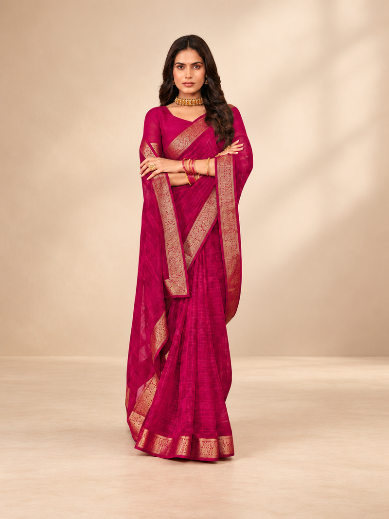 Chiffon with Zari Border Saree - Pink