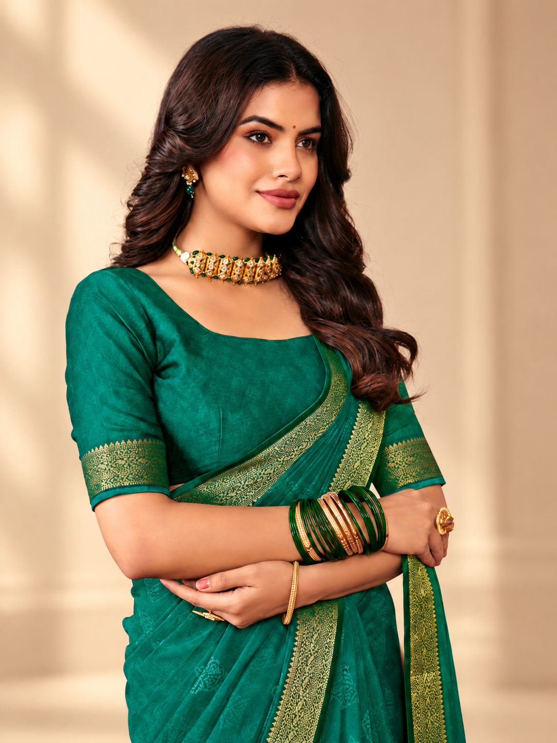 Chiffon with Zari Border Saree - Bottle Green