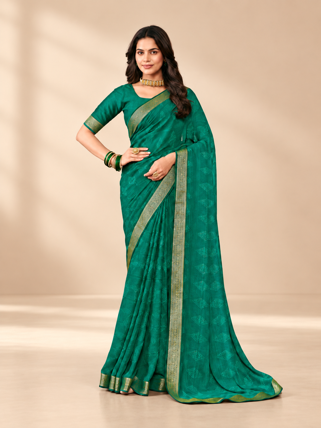 Chiffon with Zari Border Saree - Bottle Green