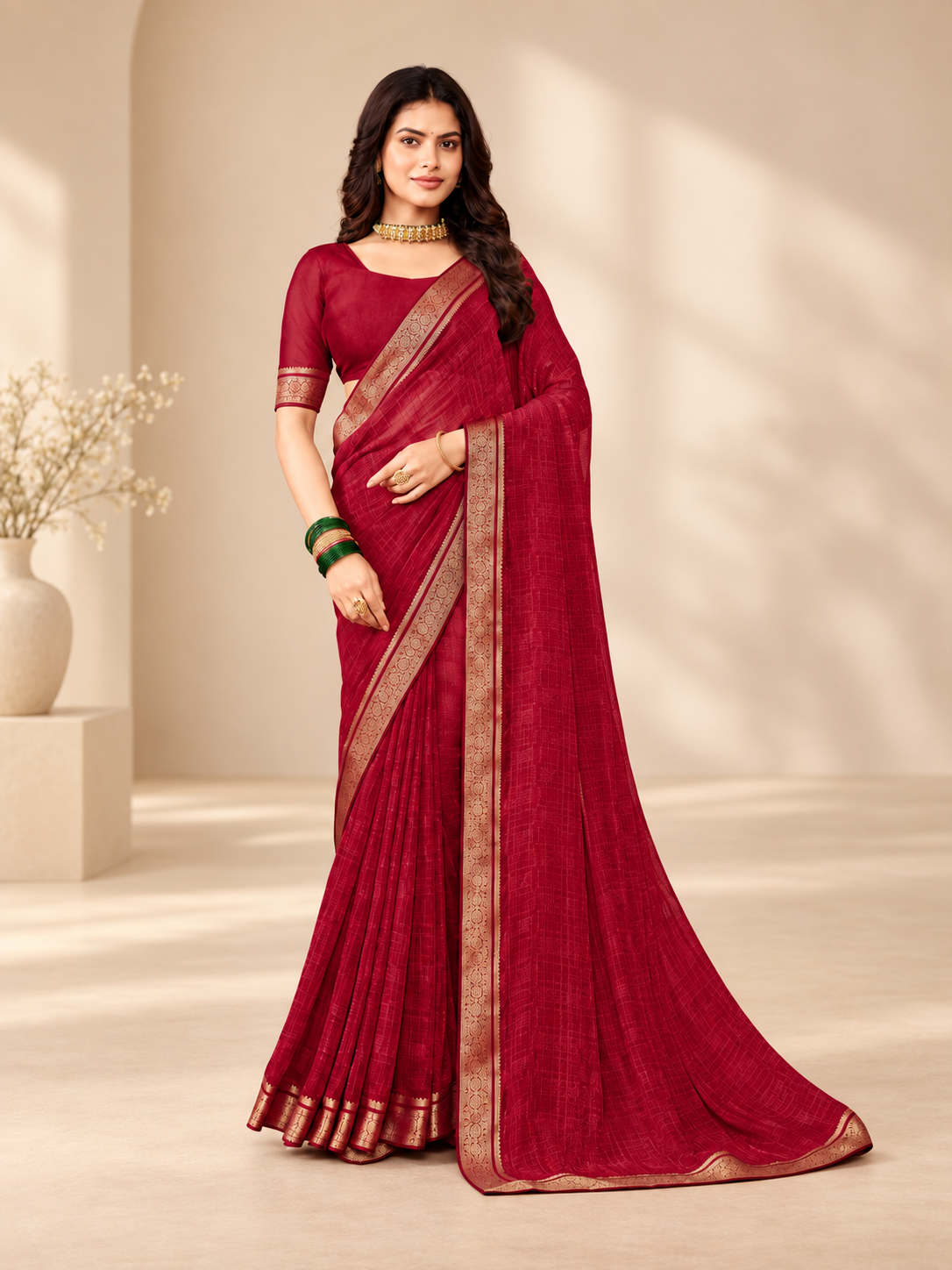 Chiffon with Zari Border Saree - Red
