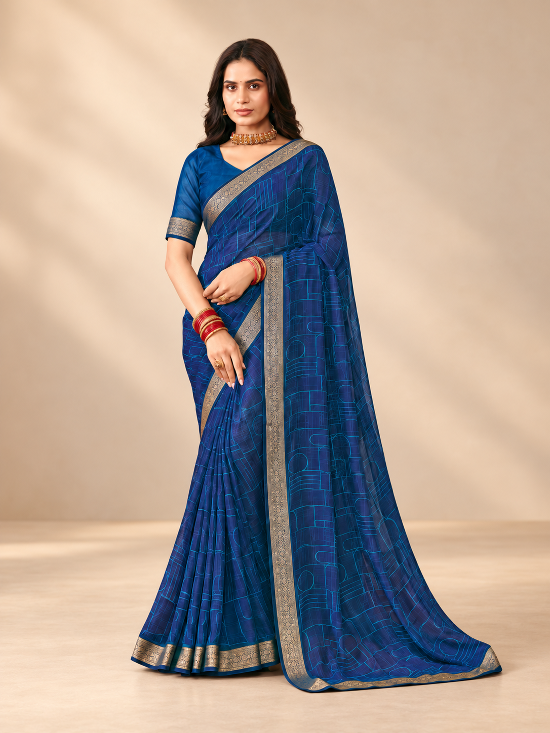 Chiffon with Zari Border Saree - Navy Blue