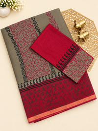 Pure Munga Checks Cotton with Hand Block Printed Sarees - Grey with Red