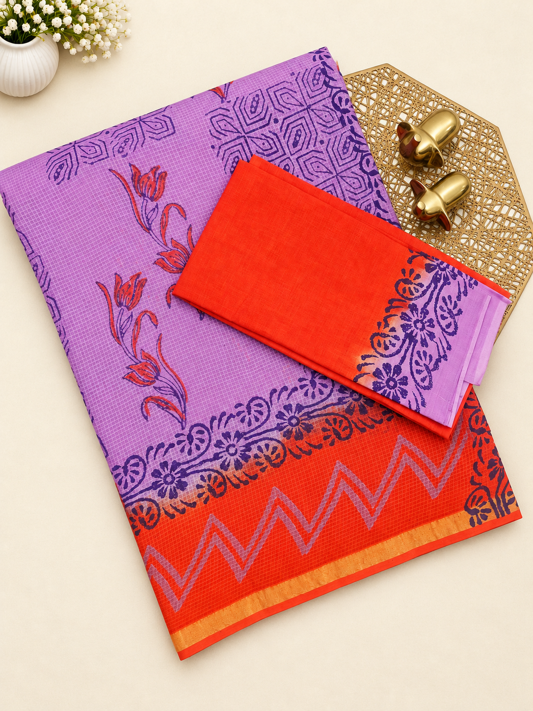 Pure Munga Checks Cotton with Hand Block Printed Sarees - Lavender with Orange