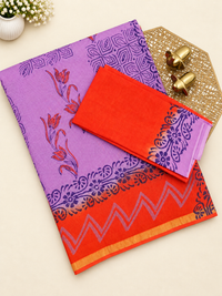 Pure Munga Checks Cotton with Hand Block Printed Sarees - Lavender with Orange