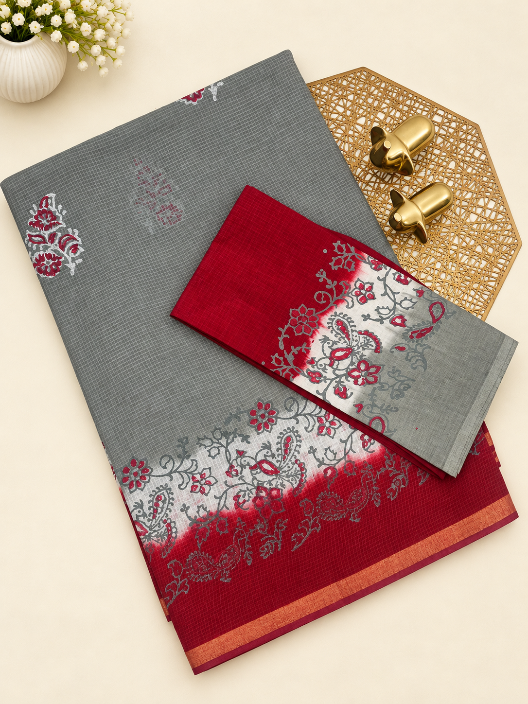 Pure Munga Checks Cotton with Hand Block Printed Printed - Grey with Maroon