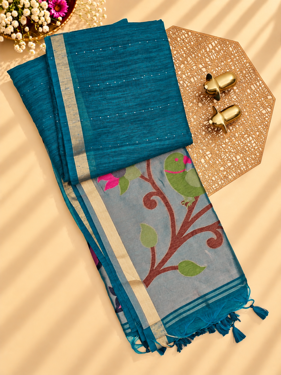 Jute Tussar with Sequence Weaving Zari Border Saree  - Sea Green