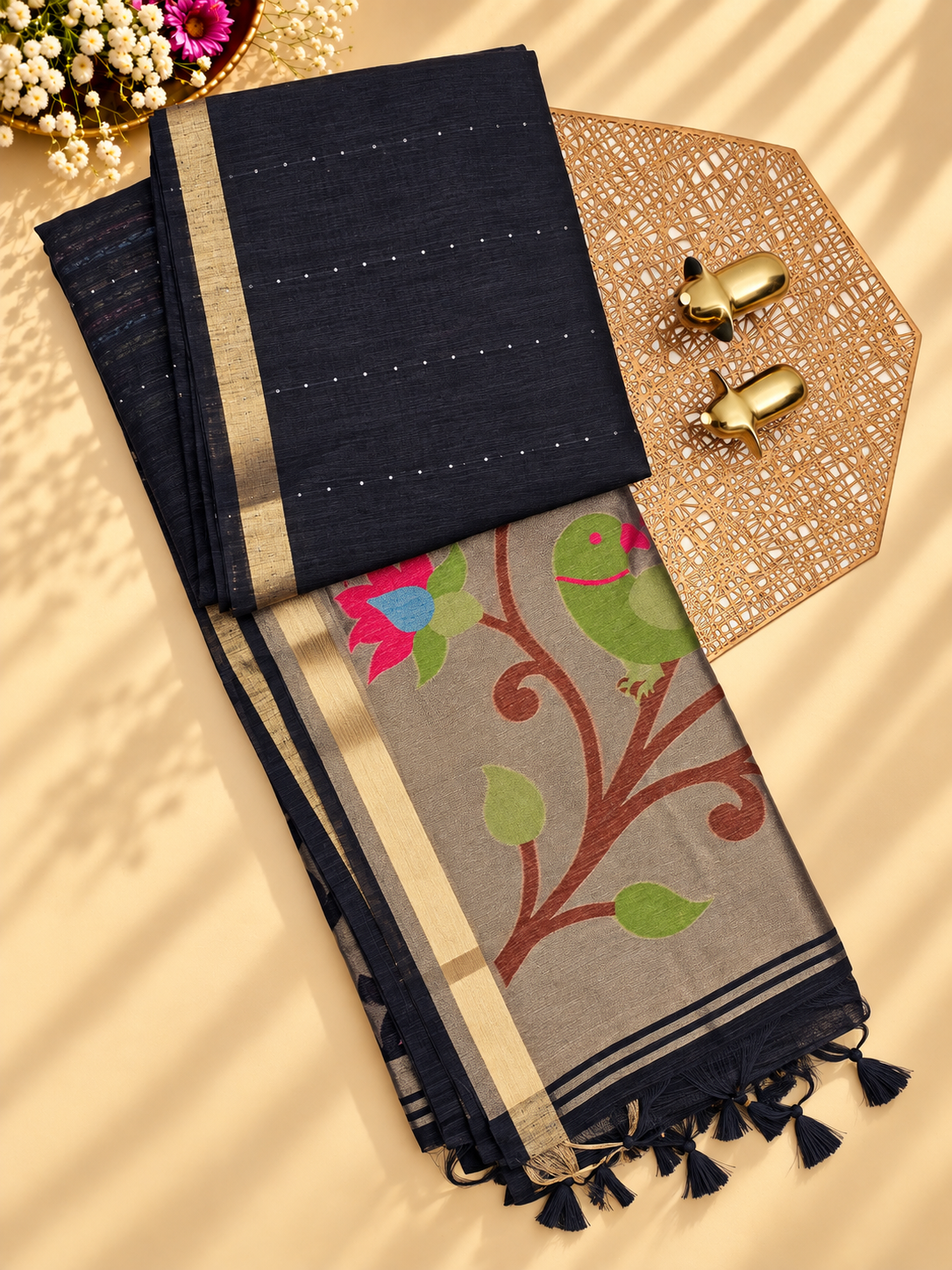 Jute Tussar with Sequence Weaving Zari Border Saree  - Black