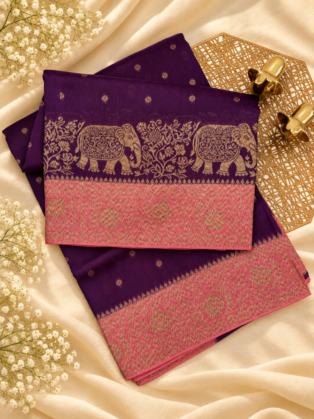 Jute Banarasi Silk Saree -Dark Magenta Pink with Peach