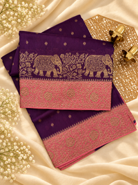 Jute Banarasi Silk Saree -Dark Magenta Pink with Peach